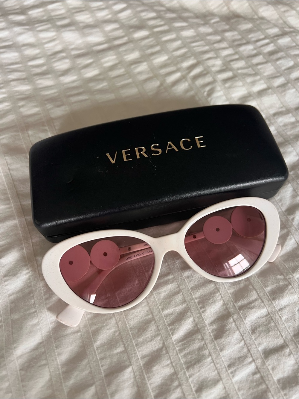 Versace White Frame Pink Lens Oval Sunglasses with Gold Accents - Picture 3 of 3